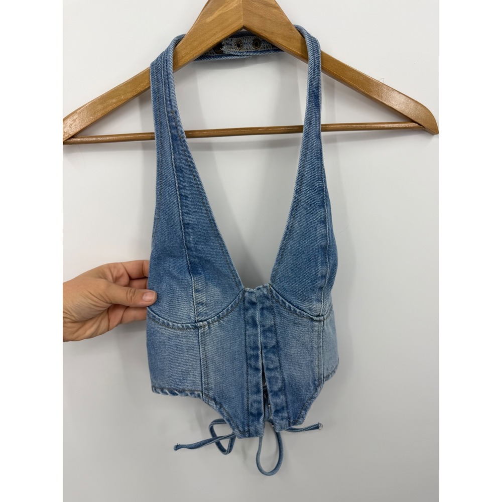 Edikted Denim Halter Top Women Size S Light Wash Lace Up Corset Crop V-Neck